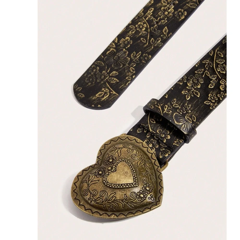 Western Floral Embossed Heart Statement Buckle Vegan Leather Wide Belt